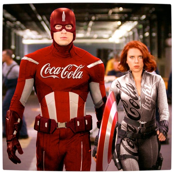Vamers - Artistry - What if your favourite superhero had a corporate sponsorship - Captain America sponsored by Coca-Cola beside Black Widows Sponsored by Coca-Cola Light