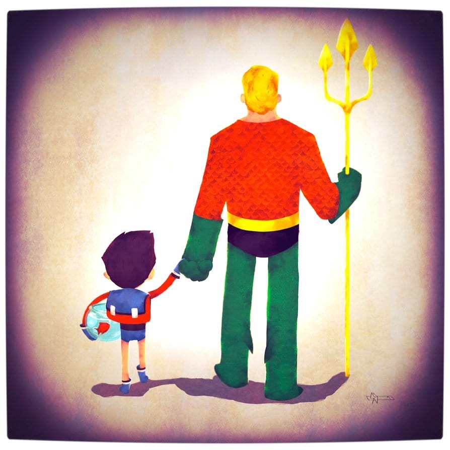 Vamers - Atristry - Marvel and DC Superheroes Walk Their Children to School - Art by Andry Rajoelina - DC - Aquaman