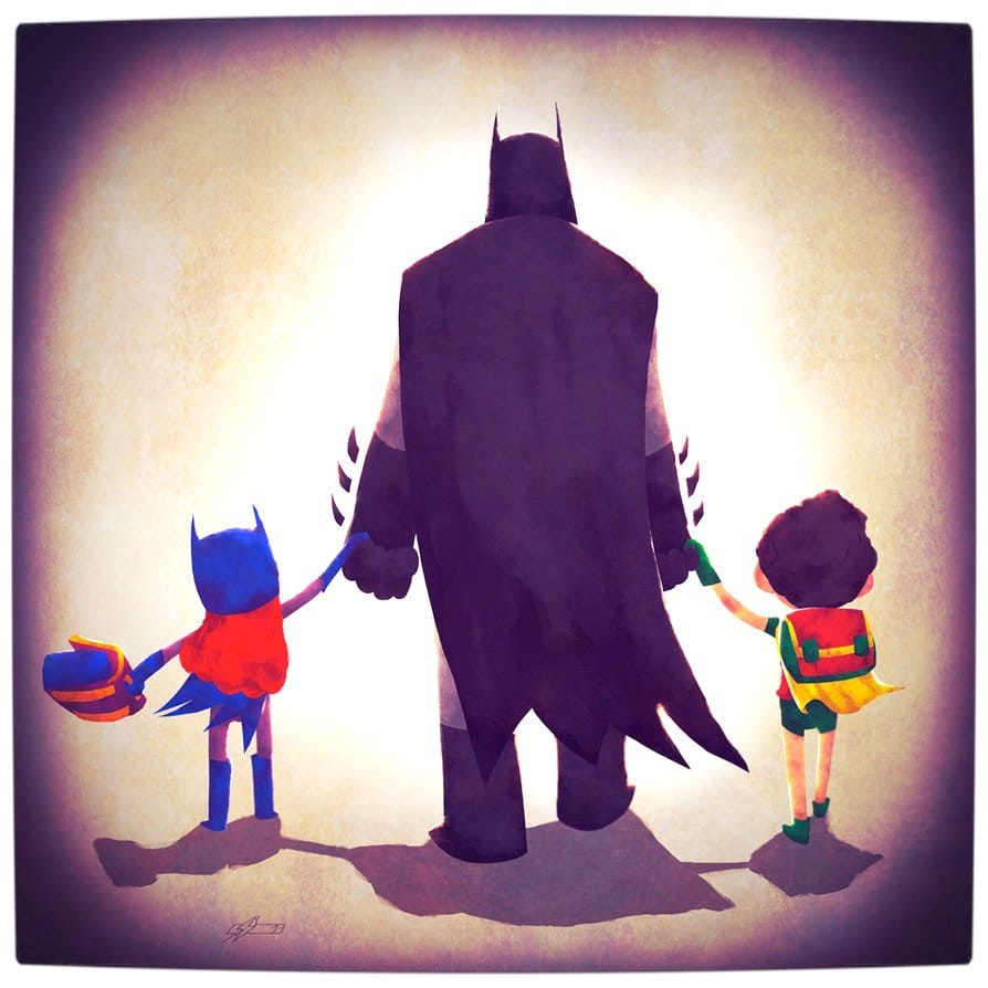 Vamers - Atristry - Marvel and DC Superheroes Walk Their Children to School - Art by Andry Rajoelina - DC - Batman