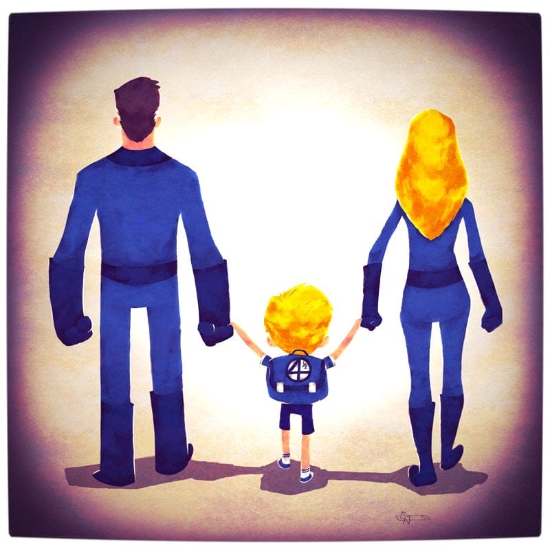Vamers - Atristry - Marvel and DC Superheroes Walk Their Children to School - Art by Andry Rajoelina - Marvel - Mr Fantastic and Invisible Woman with Franklin Richards