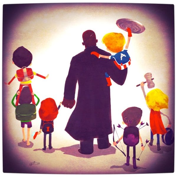 Vamers - Atristry - Marvel and DC Superheroes Walk Their Children to School - Art by Andry Rajoelina - Marvel - Nick Fury and The Avengers