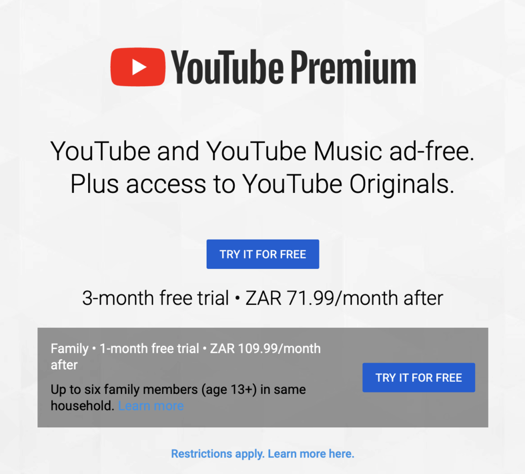 YouTube Premium South Africa now available.
