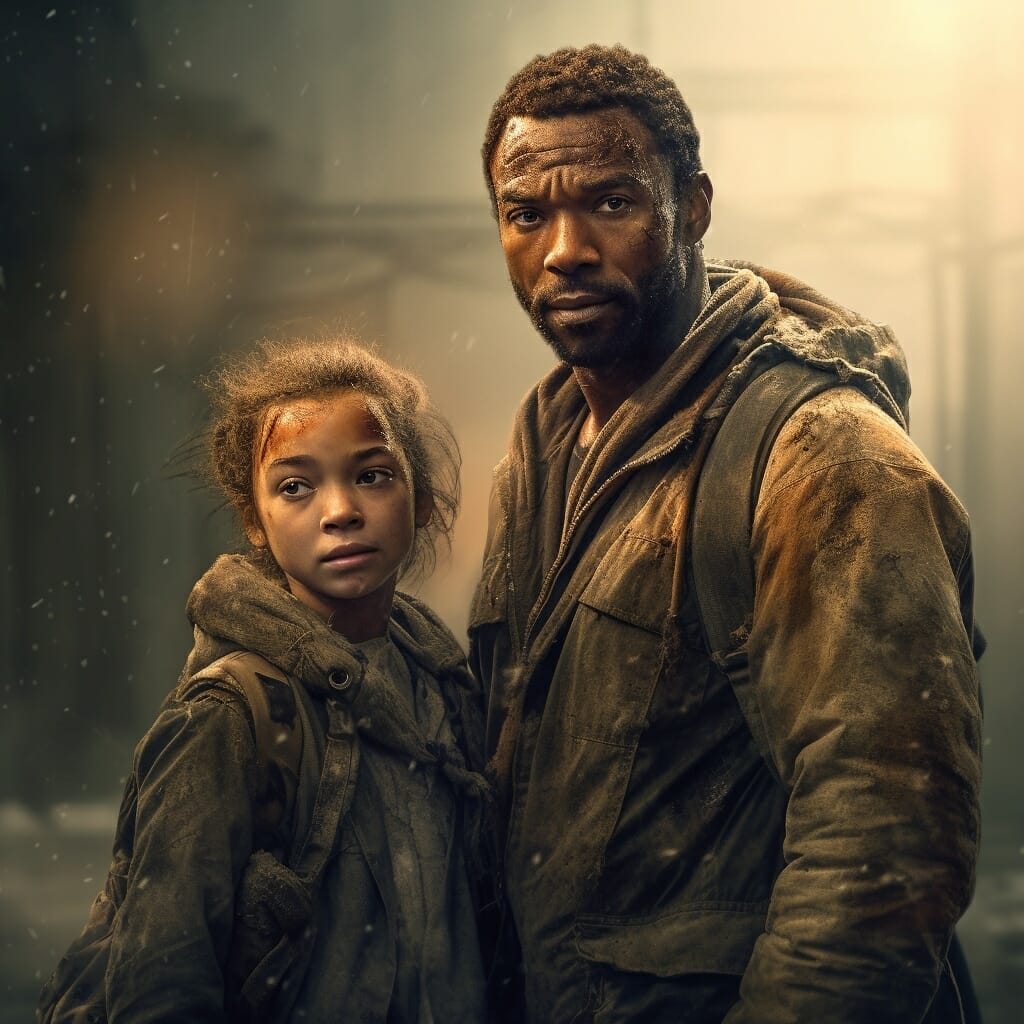 Midjourney generated image of Lee and Clementine, from The Walking Dead video game, facing the camera. Made for Dads of Gaming on Vamers.com.