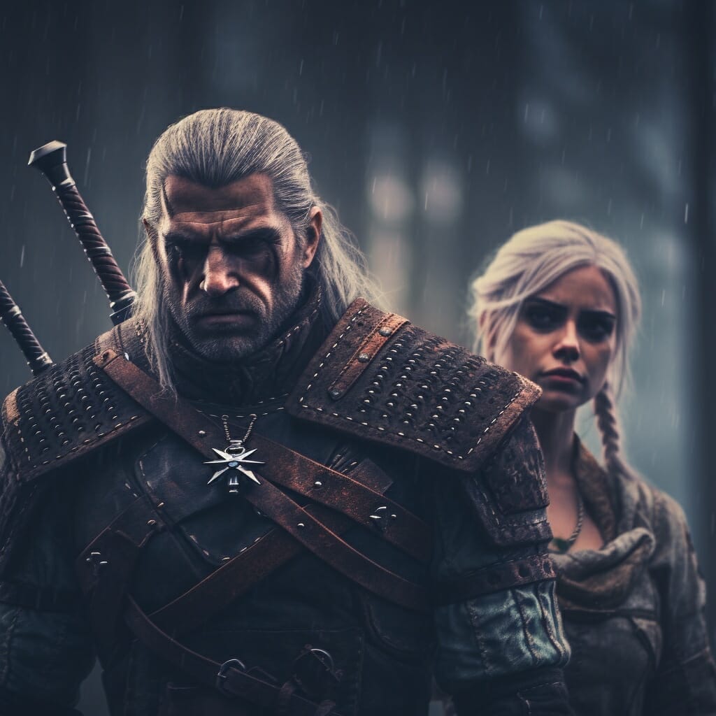 Midjourney generated image of Geralt of Rivia and Ciri, from The Witcher video game, facing the camera. Made for Dads of Gaming on Vamers.com.