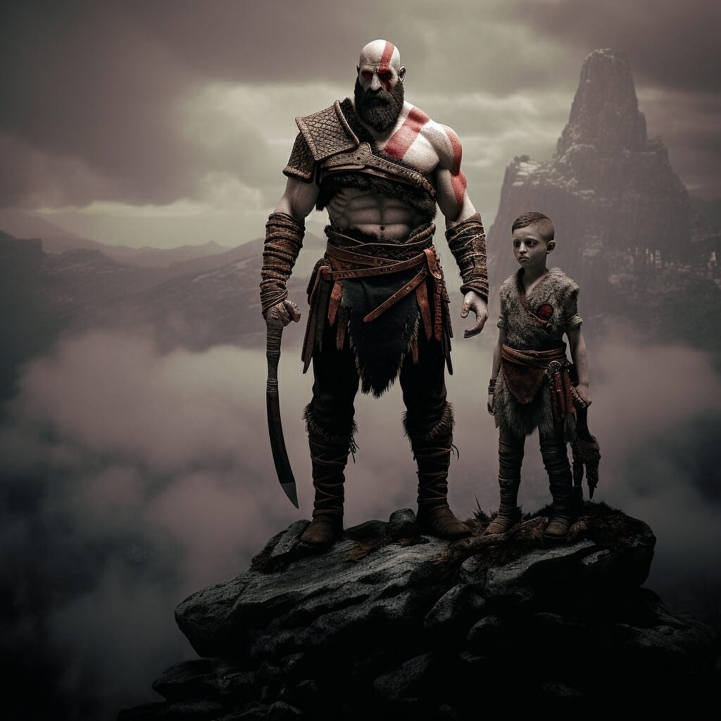 Midjourney generated image of Kratos and Atreus, from the God of War video game, facing the camera. Made for Dads of Gaming on Vamers.com.